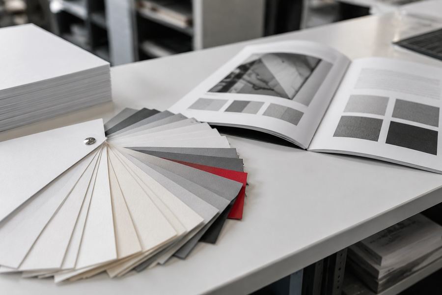 Paper stock samples, printed at The Printing House in Encino