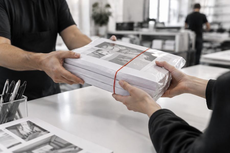 A finished print job handed across the counter